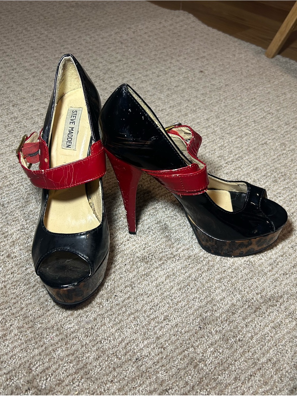 Steve Madden Black Patent Peep-Toe Platform Heels with Red Straps